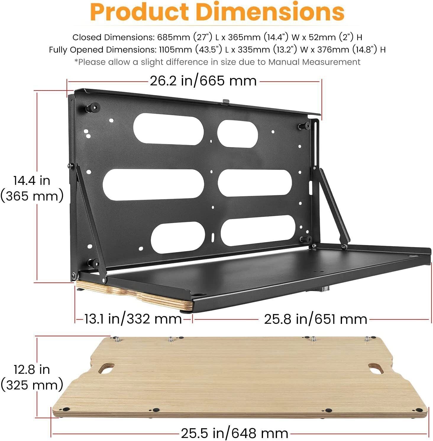 Drop Down Tailgate Table with Wood Tray for Jeep Wrangler JK JL & JT 2007-2024