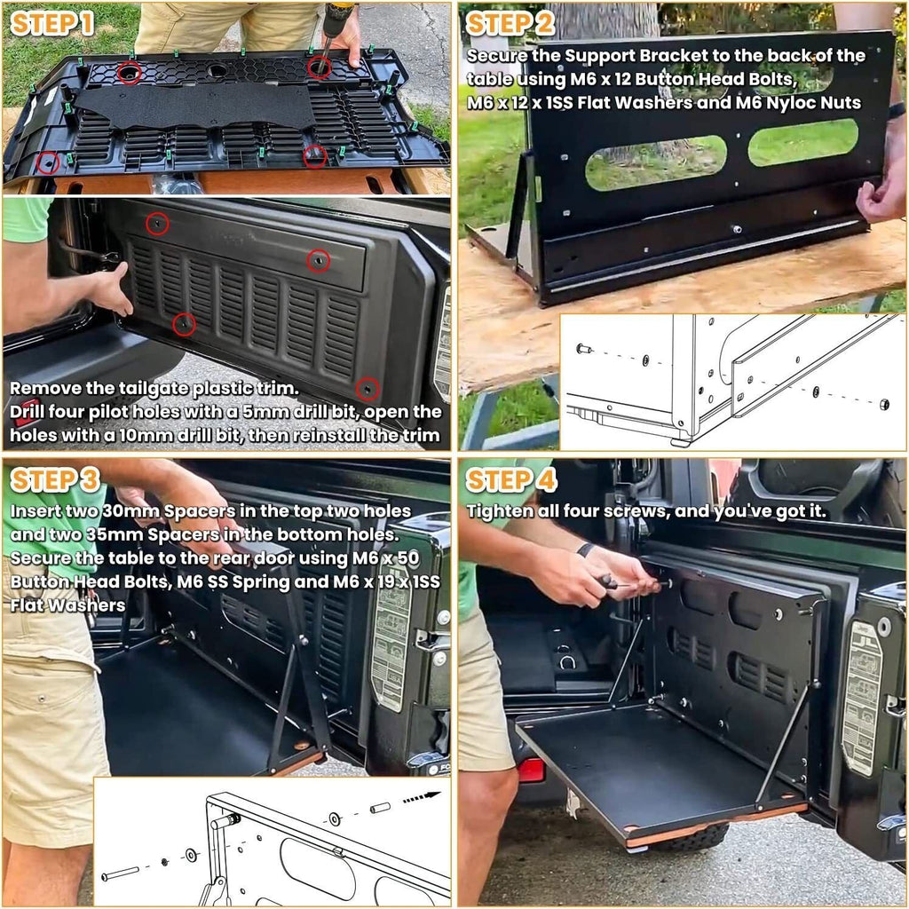 Drop Down Tailgate Table with Wood Tray for Jeep Wrangler JK JL & JT 2007-2024