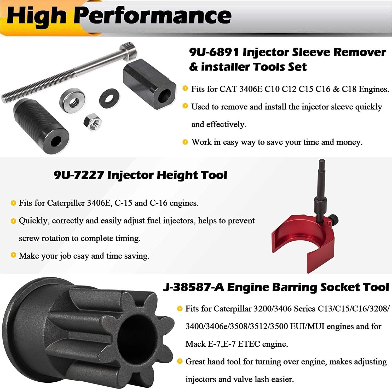 9U-6891 Injector Sleeve Tool+Injector Height Tool+Socket for CAT 3406E C-15 C-16