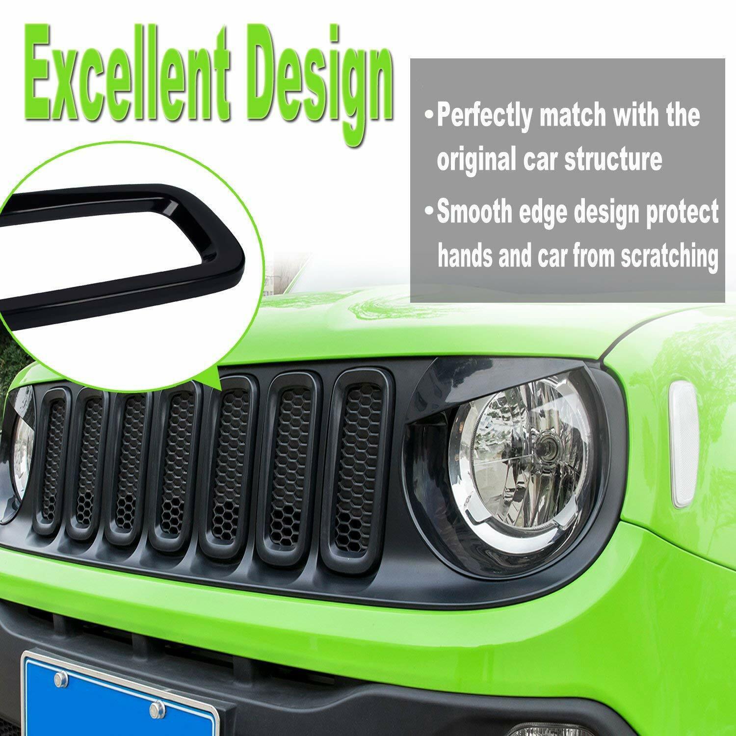 7pcs Front Grill Grille Inserts Guard ABS Cover Trim for Jeep Renegade 2015-2018