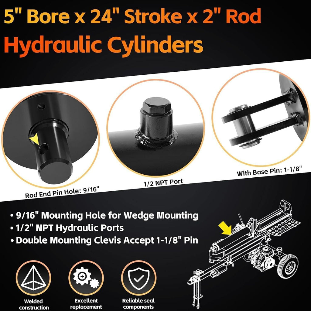Hydraulic Cylinders Welded Double Acting 5" Bore 24"Stroke For Log Splitter 5x24