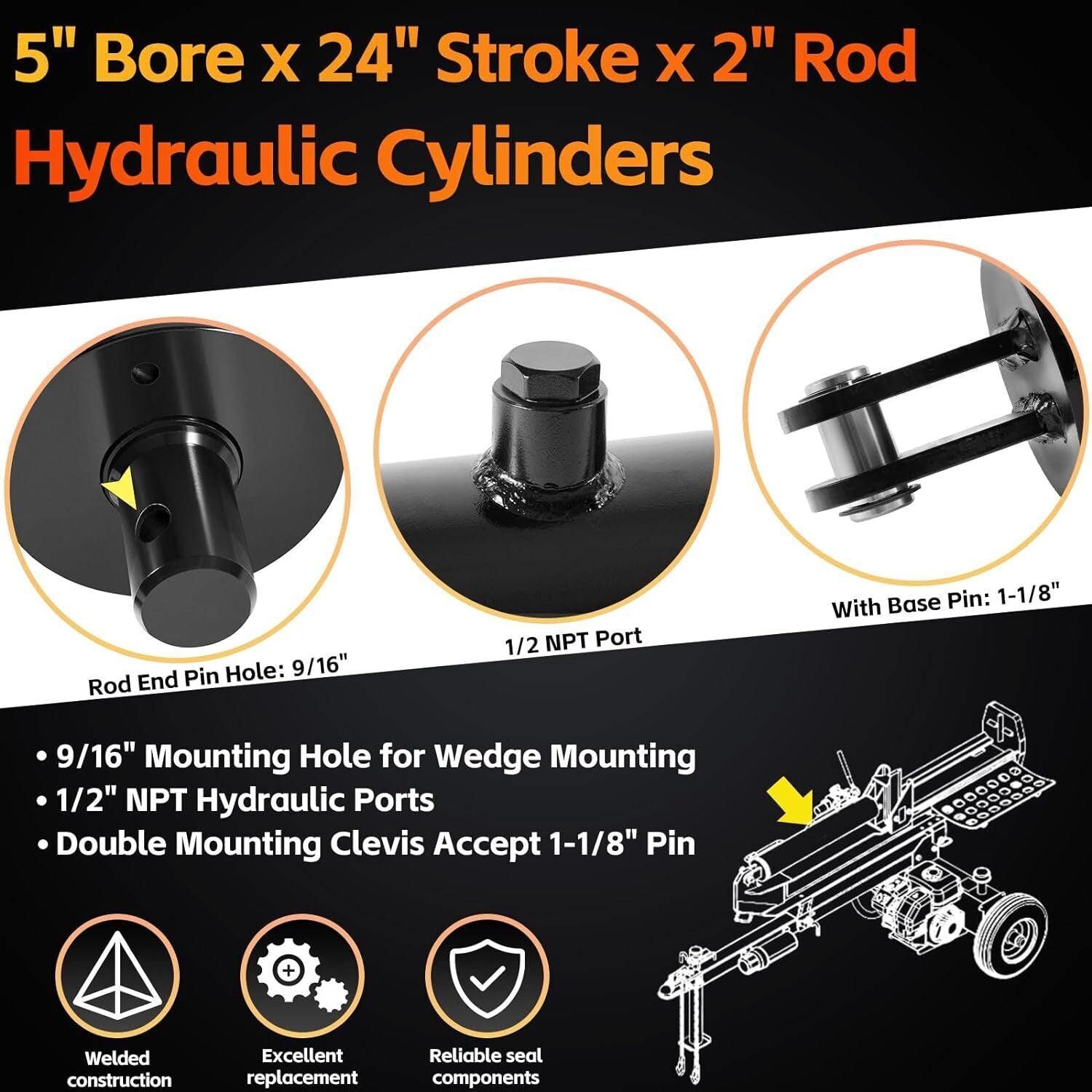 Hydraulic Cylinders Welded Double Acting 5" Bore 24"Stroke For Log Splitter 5x24