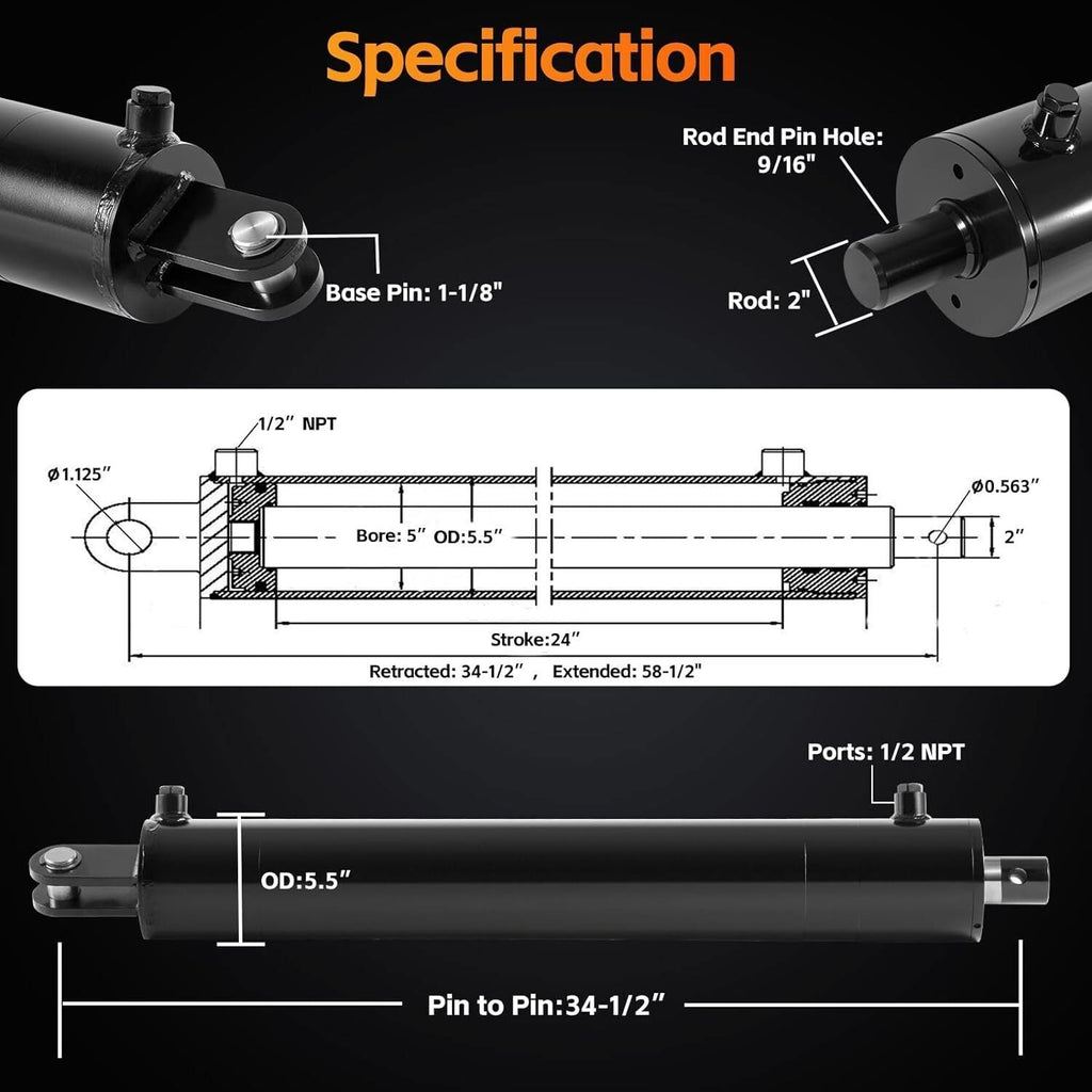 Hydraulic Cylinders Welded Double Acting 5" Bore 24"Stroke For Log Splitter 5x24