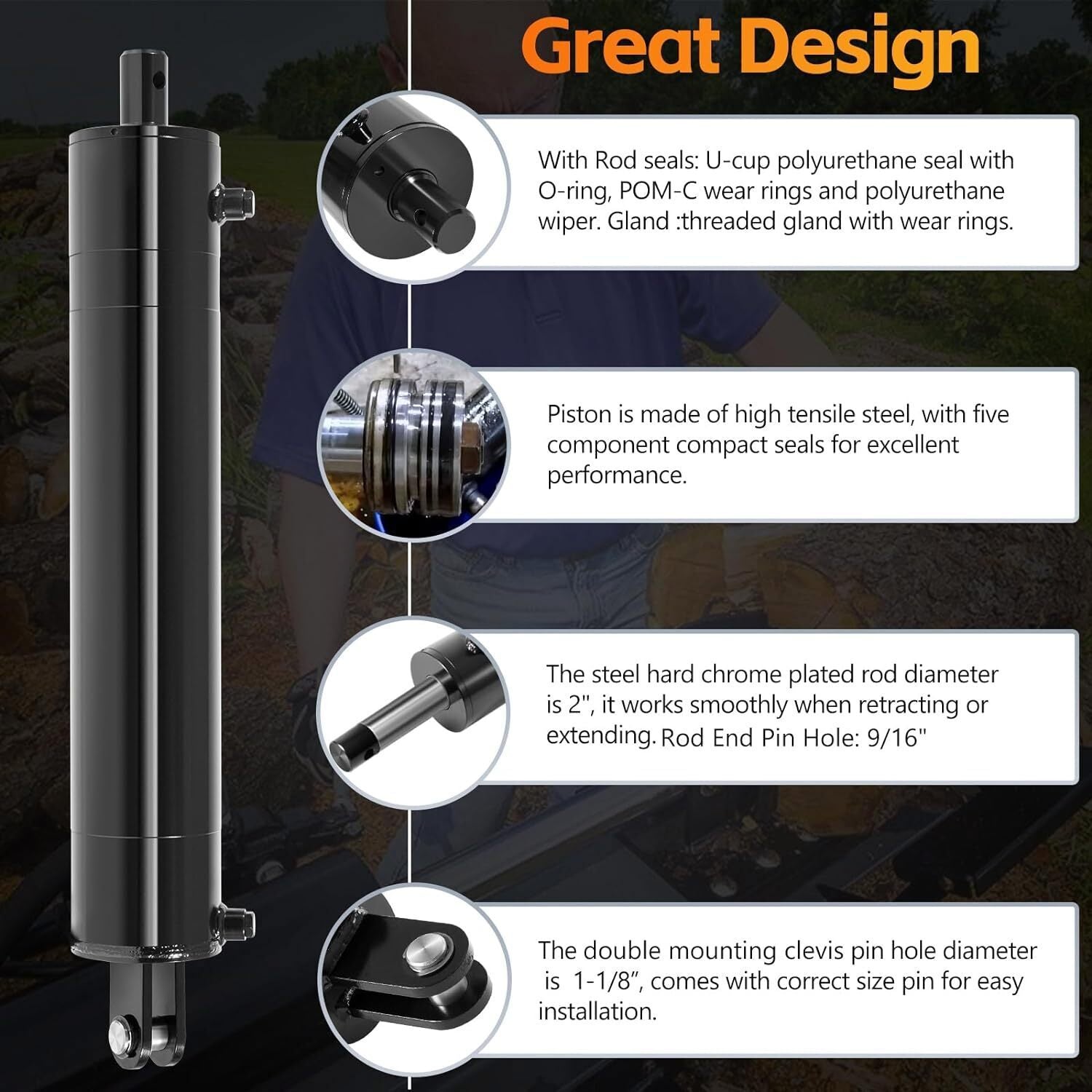 Hydraulic Cylinders Welded Double Acting 5" Bore 24"Stroke For Log Splitter 5x24