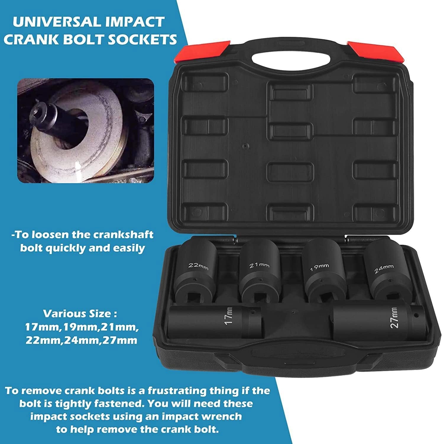6 Pack Crank Bolt Socket Set 17/19/21/22/24/27mm Harmonic Balancer Impact Socket
