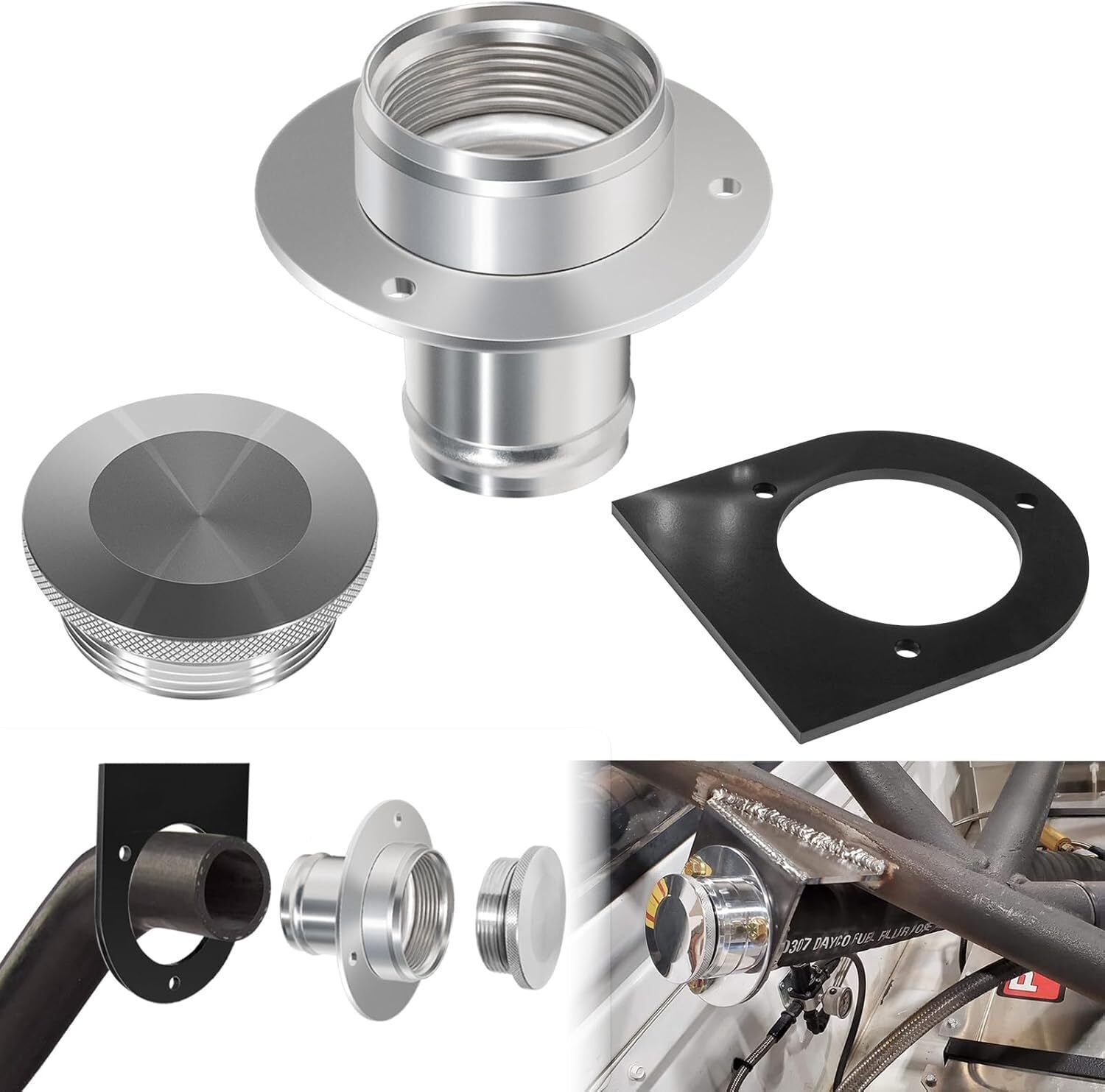 2" Fuel Filler Neck With Gas Cap Billet Aluminum & Weld-On Steel Mount Bracket