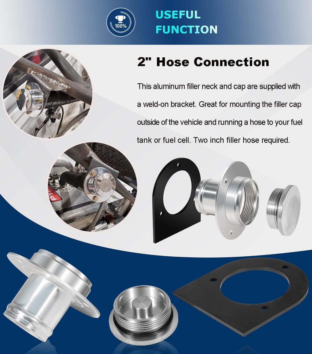 2" Fuel Filler Neck With Gas Cap Billet Aluminum & Weld-On Steel Mount Bracket