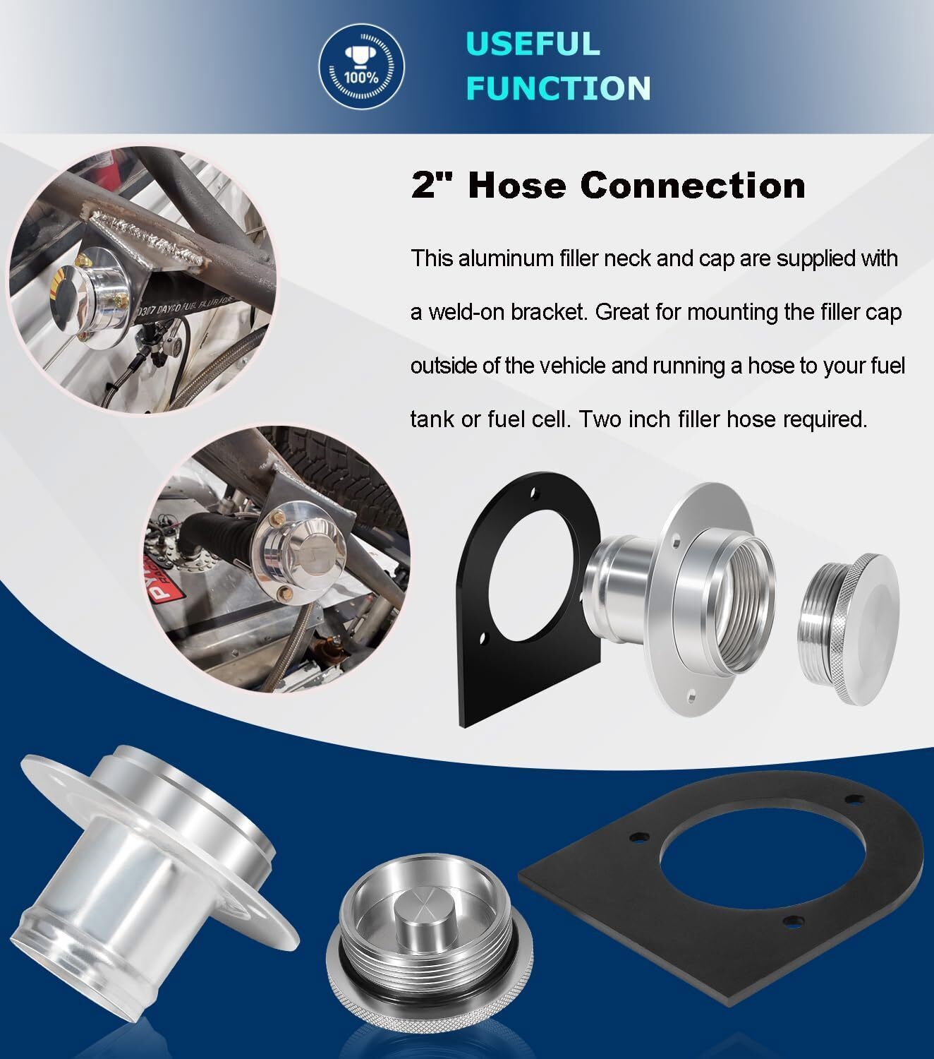 2" Fuel Filler Neck With Gas Cap Billet Aluminum & Weld-On Steel Mount Bracket