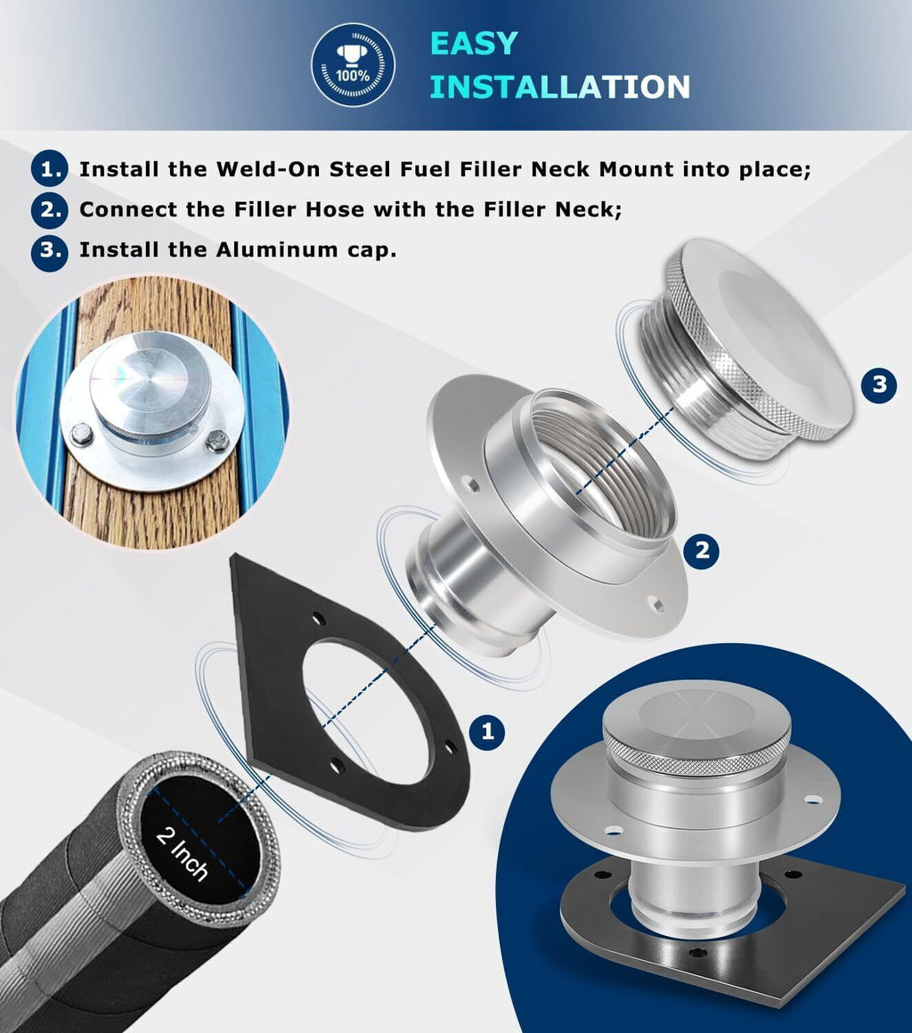 2" Fuel Filler Neck With Gas Cap Billet Aluminum & Weld-On Steel Mount Bracket