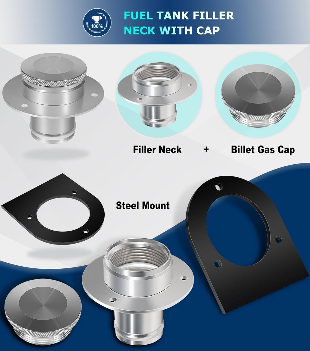 2" Fuel Filler Neck With Gas Cap Billet Aluminum & Weld-On Steel Mount Bracket