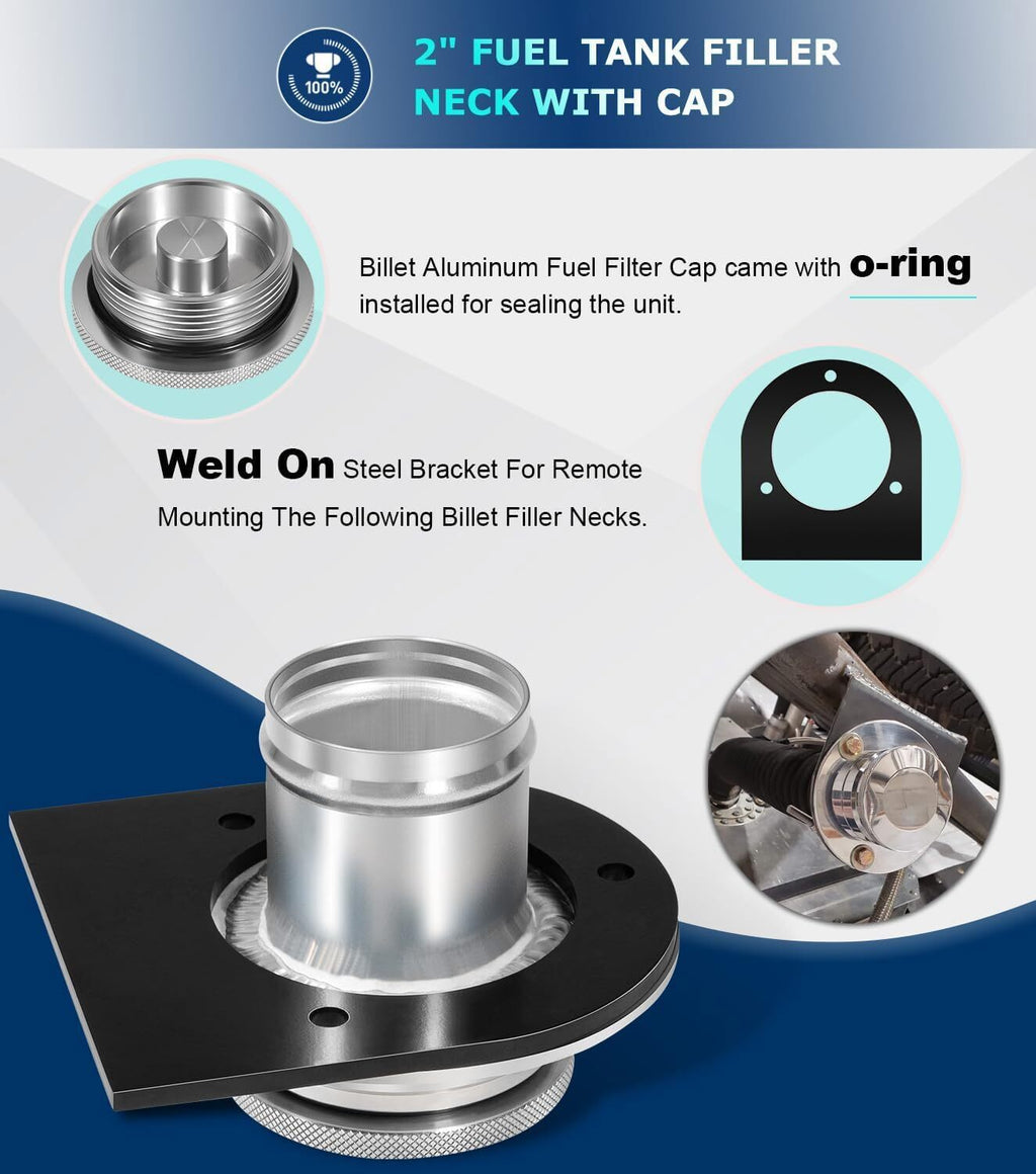 2" Fuel Filler Neck With Gas Cap Billet Aluminum & Weld-On Steel Mount Bracket