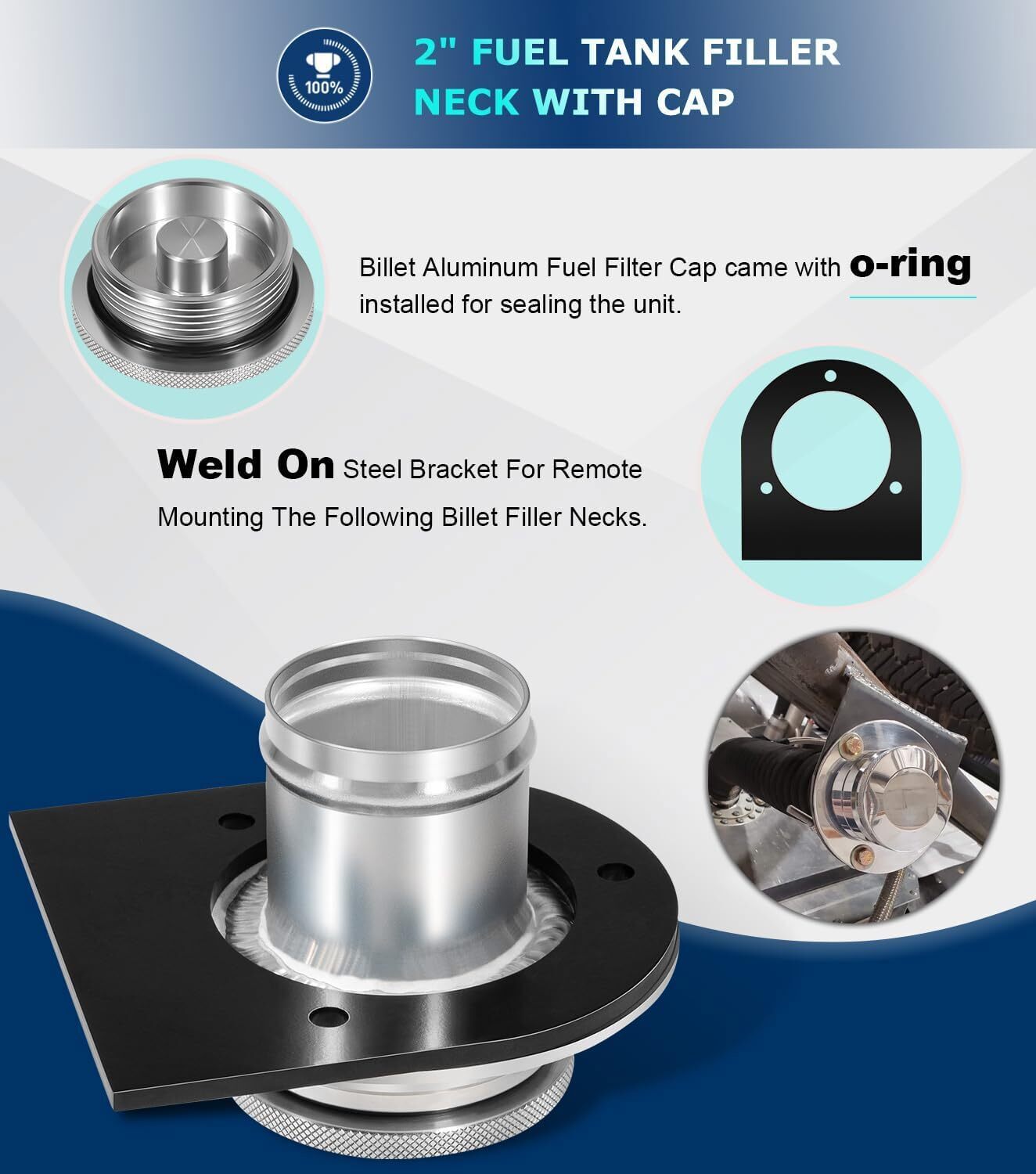 2" Fuel Filler Neck With Gas Cap Billet Aluminum & Weld-On Steel Mount Bracket