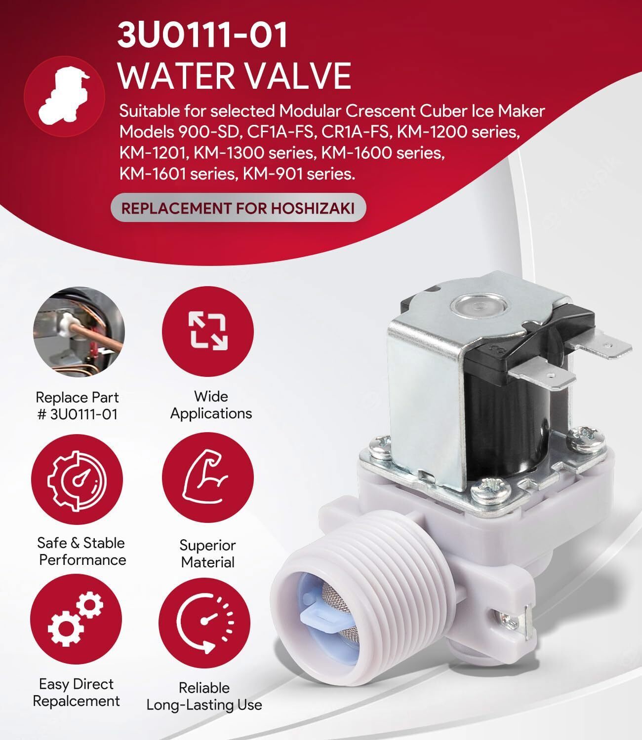 Water Valve for Hoshizaki Ice 3U0111-01, J248-030, 120V 60HZ with Mounting Nuts