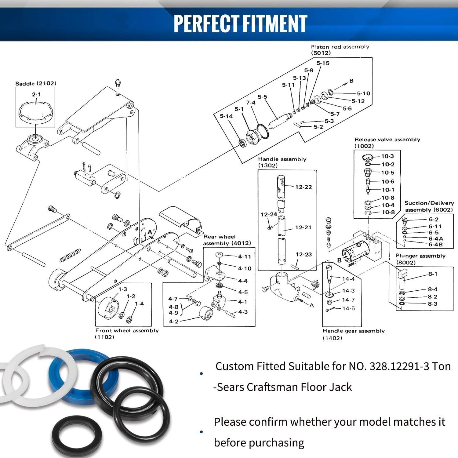 Floor Jack Seal Kit for Sears, Craftsman 3 Ton 328.12291 Repair Replacement Part