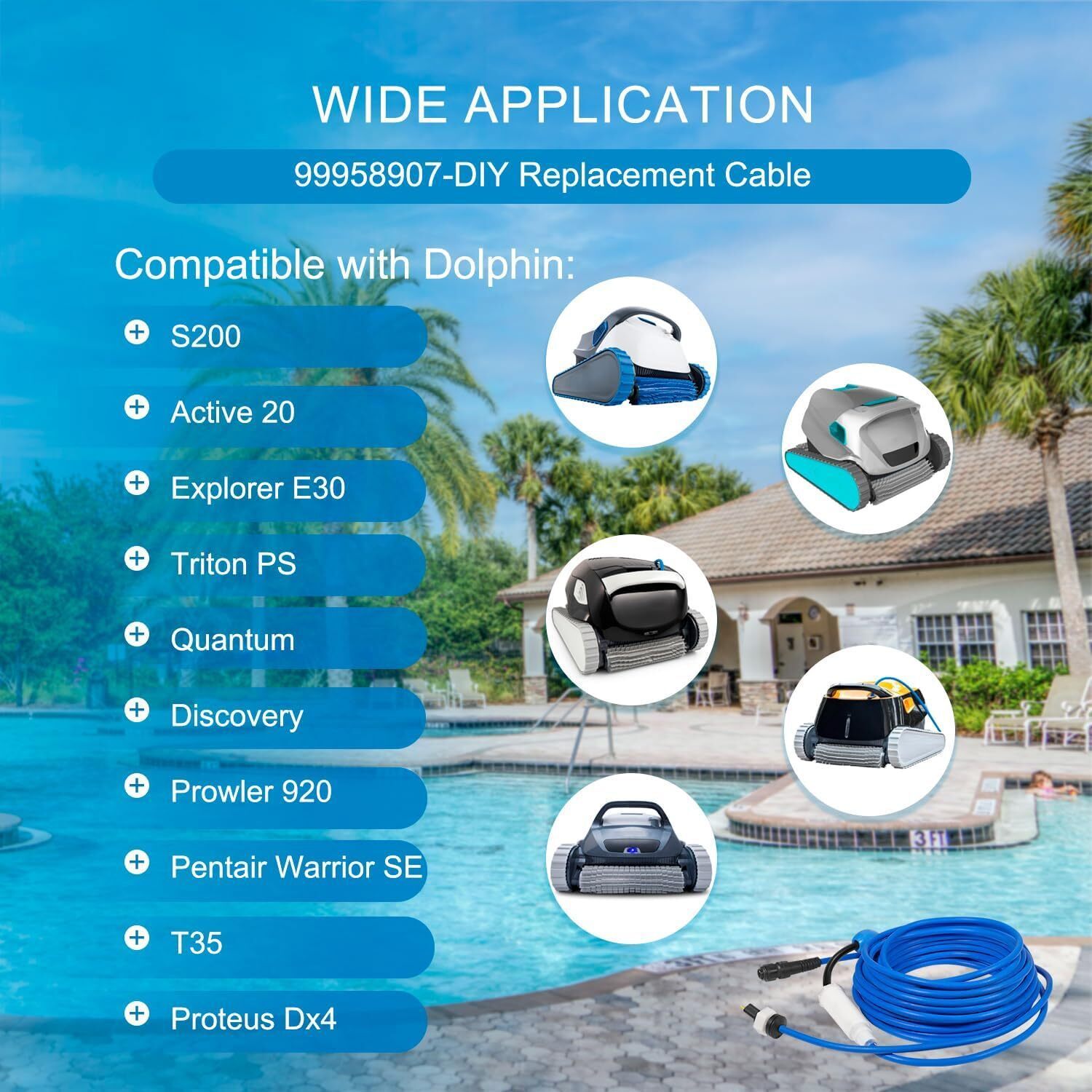99958907-DIY 18M/60FT Blue 2-Wire Cable with Swivel for Dolphin Active 20, S200