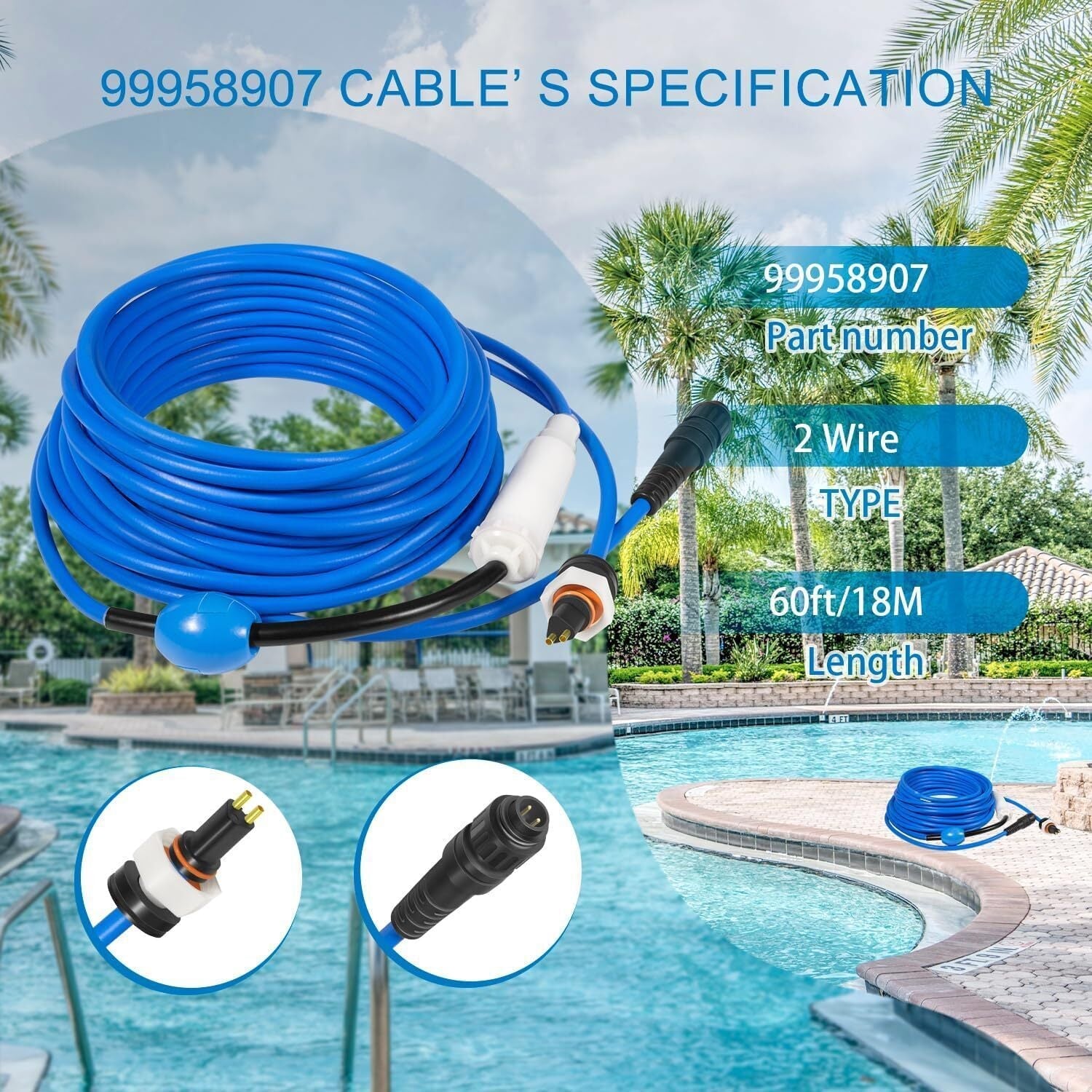 99958907-DIY 18M/60FT Blue 2-Wire Cable with Swivel for Dolphin Active 20, S200