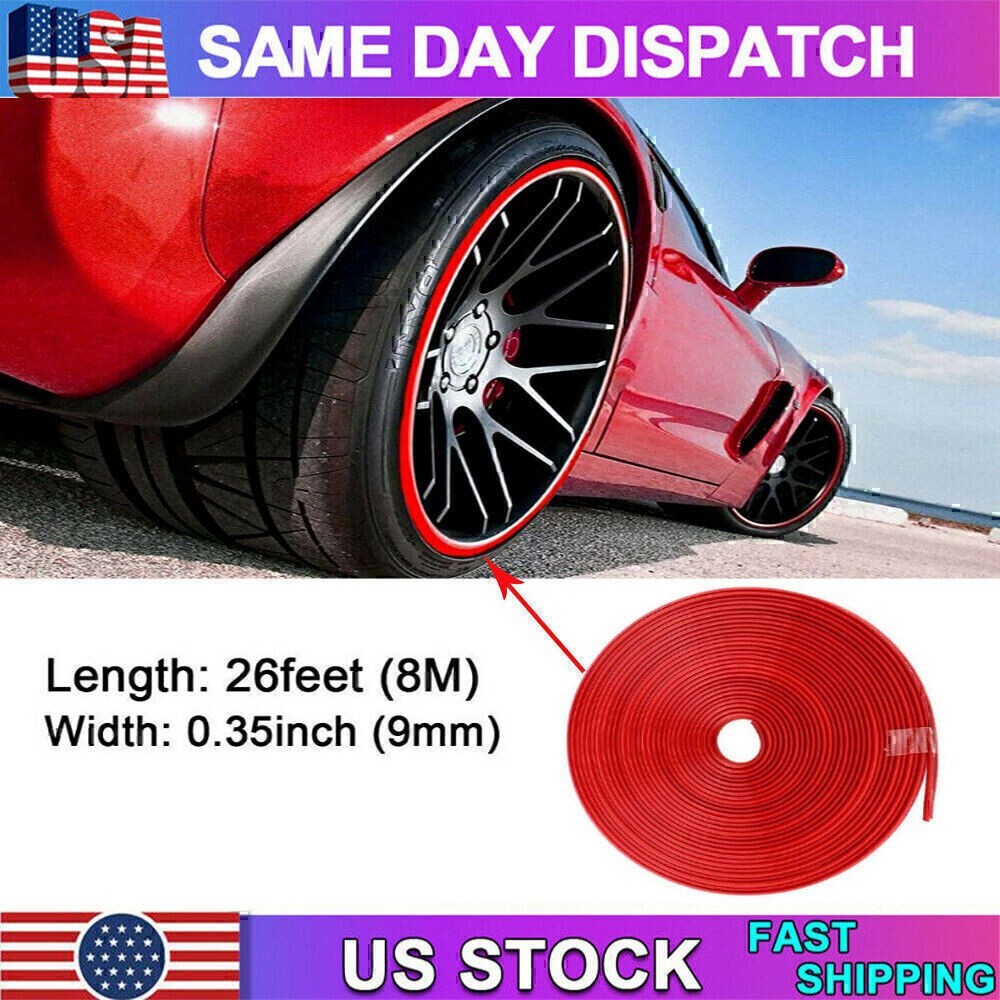 Car Wheel Hub Rim Trim Tire Ring Guard Rubber Strip Protector Sticker /26FT Red