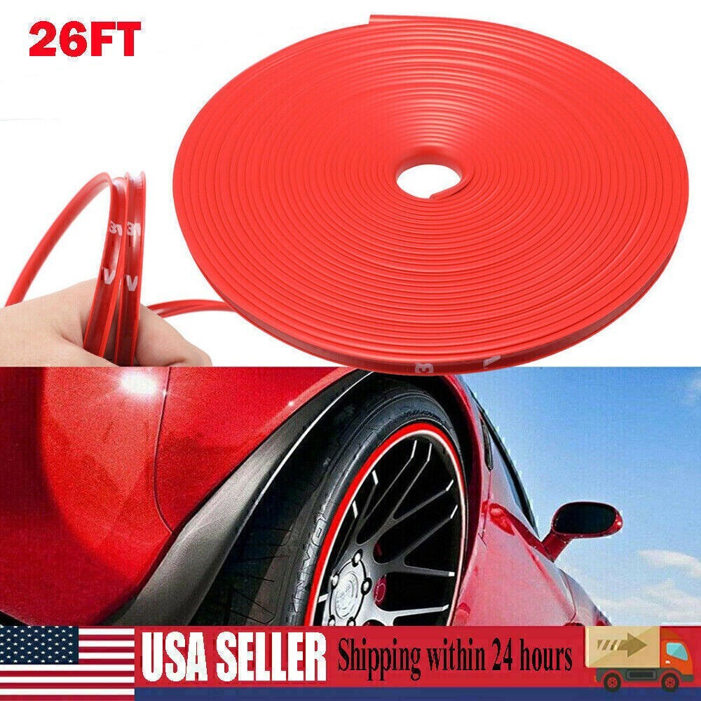 Car Wheel Hub Rim Trim Tire Ring Guard Rubber Strip Protector Sticker /26FT Red