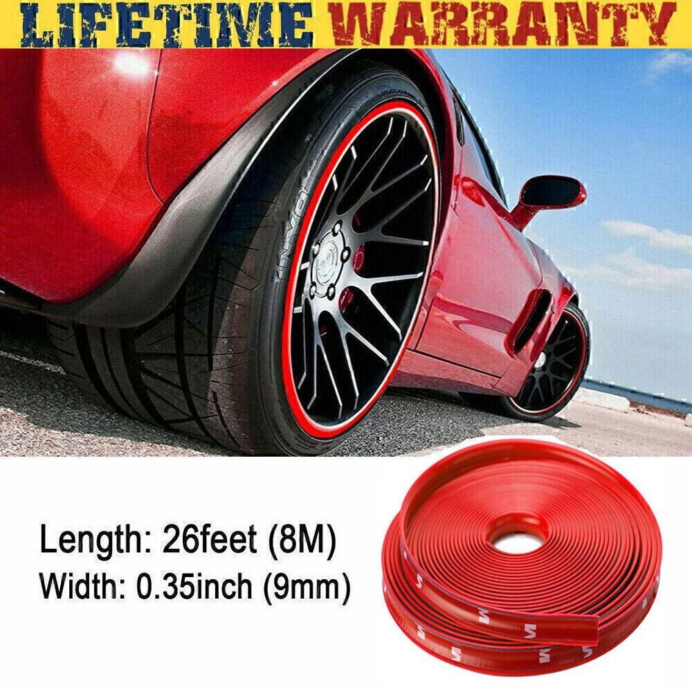 Car Wheel Hub Rim Trim Tire Ring Guard Rubber Strip Protector Sticker /26FT Red