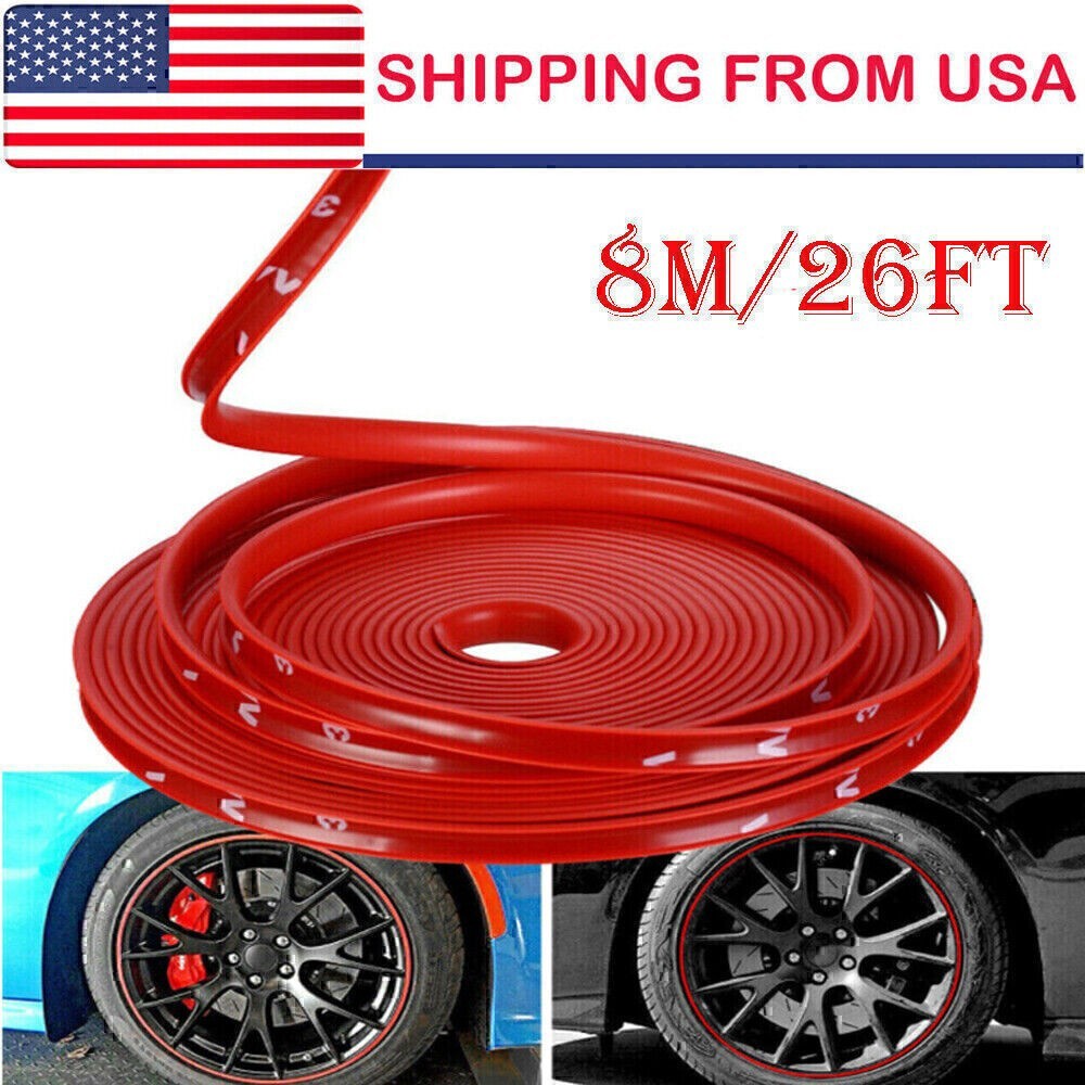 Car Wheel Hub Rim Trim Tire Ring Guard Rubber Strip Protector Sticker /26FT Red