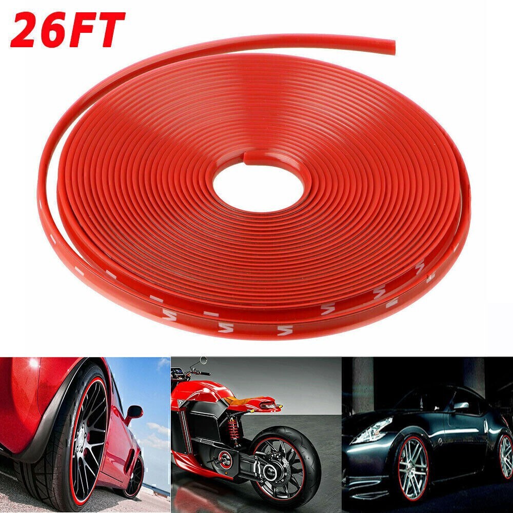 Car Wheel Hub Rim Trim Tire Ring Guard Rubber Strip Protector Sticker /26FT Red