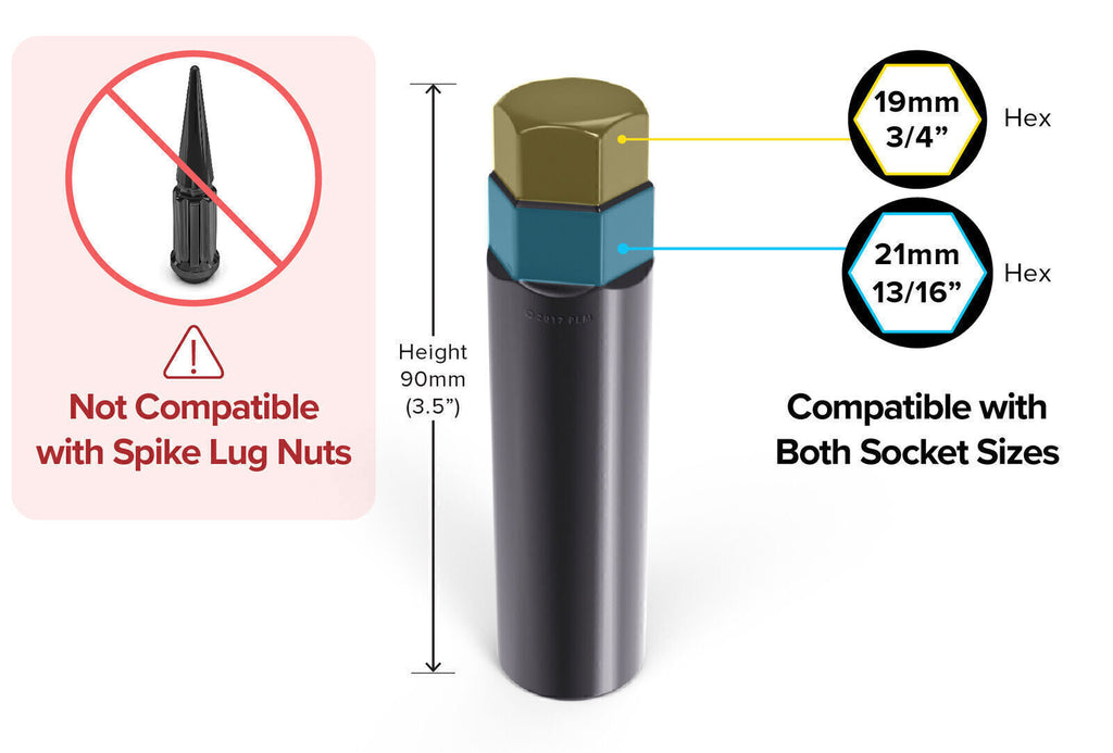 Black Socket Key Tool for 7 spline Lug Nuts | 19mm, 3/4", 21mm, 13/16" Hex 2pcs