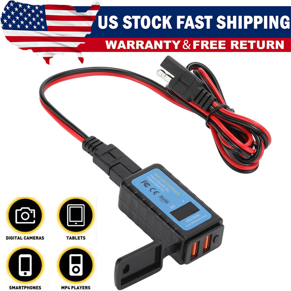 Motorcycle Dual USB Charger SAE -USB Cable Adapter Voltmeter for CellPhone GPS