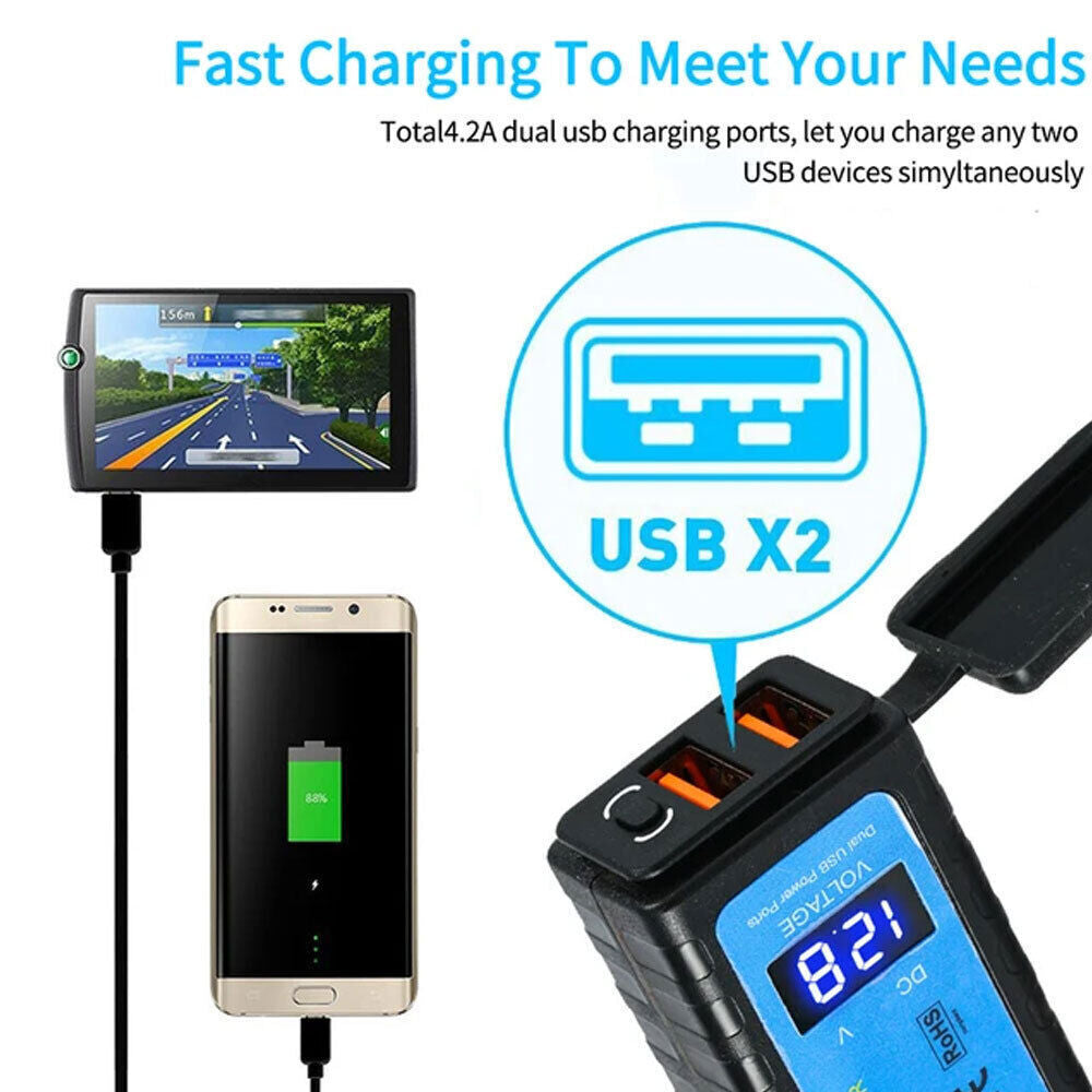 Motorcycle Dual USB Charger SAE -USB Cable Adapter Voltmeter for CellPhone GPS