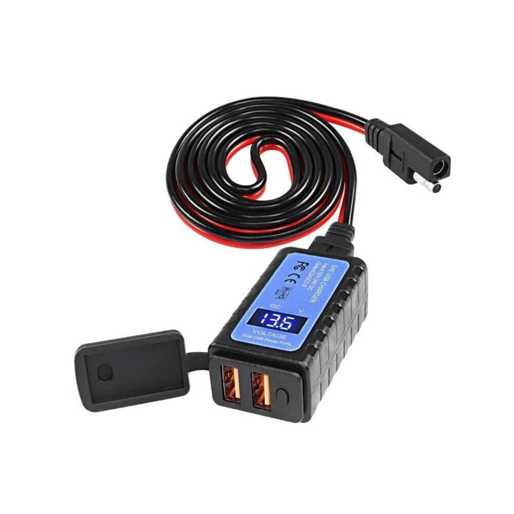 Motorcycle Dual USB Charger SAE -USB Cable Adapter Voltmeter for CellPhone GPS