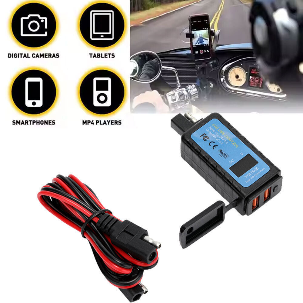 Motorcycle Dual USB Charger SAE -USB Cable Adapter Voltmeter for CellPhone GPS