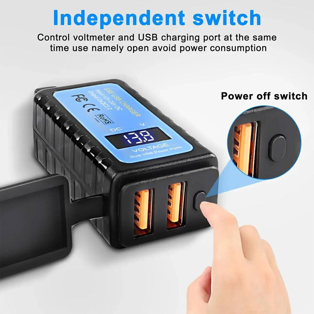 Motorcycle Dual USB Charger SAE -USB Cable Adapter Voltmeter for CellPhone GPS