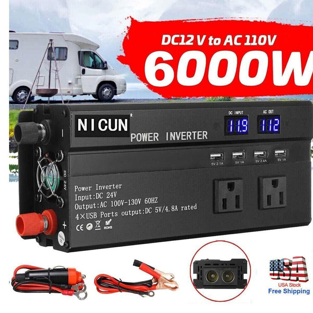 6000W Power Inverter DC 12V - 110V AC Car RV Sine Wave Solar Converter LCD
