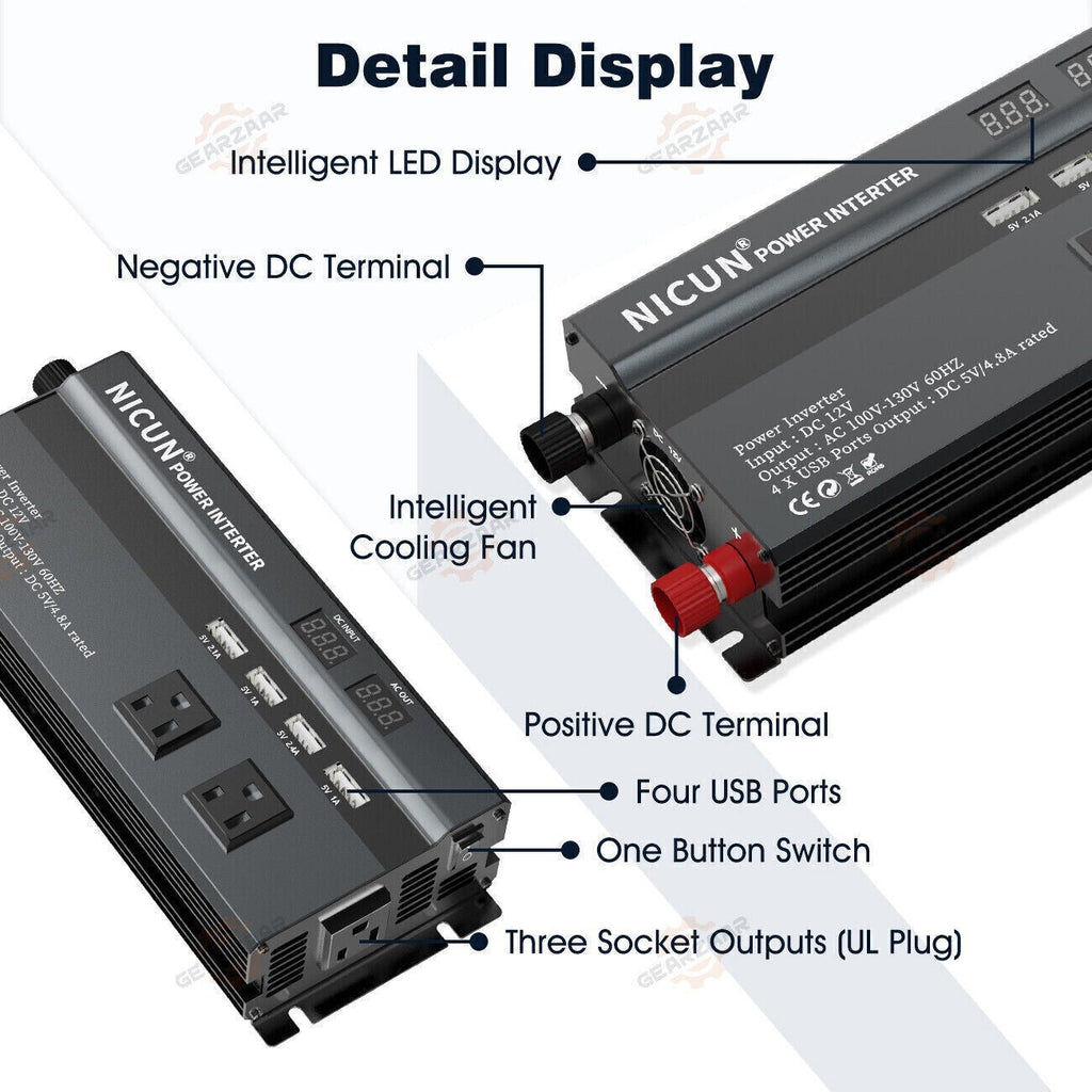 6000W Power Inverter DC 12V - 110V AC Car RV Sine Wave Solar Converter LCD