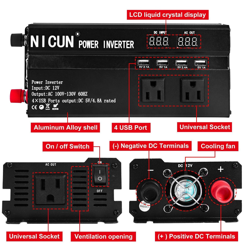 6000W Power Inverter DC 12V - 110V AC Car RV Sine Wave Solar Converter LCD