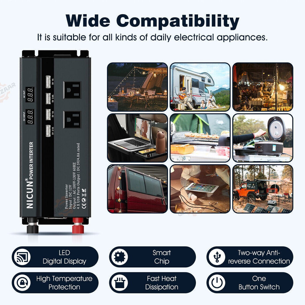 6000W Power Inverter DC 12V - 110V AC Car RV Sine Wave Solar Converter LCD