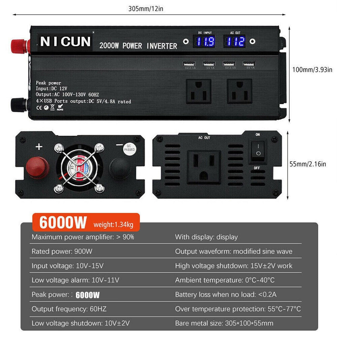 6000W Power Inverter DC 12V - 110V AC Car RV Sine Wave Solar Converter LCD