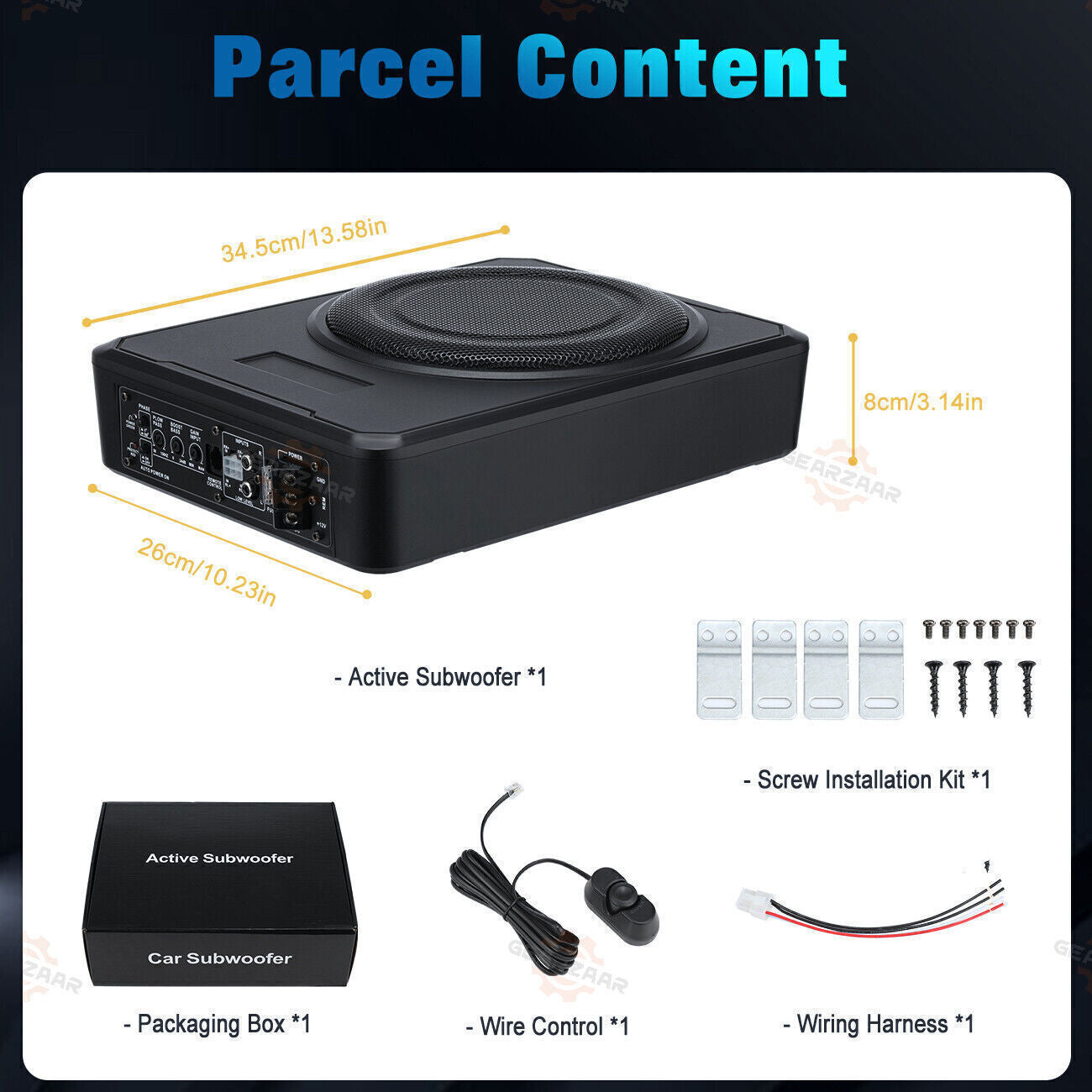 10''inch Car Under-Seat Active Subwoofer Power Amplifier Bass Slim Speaker Black
