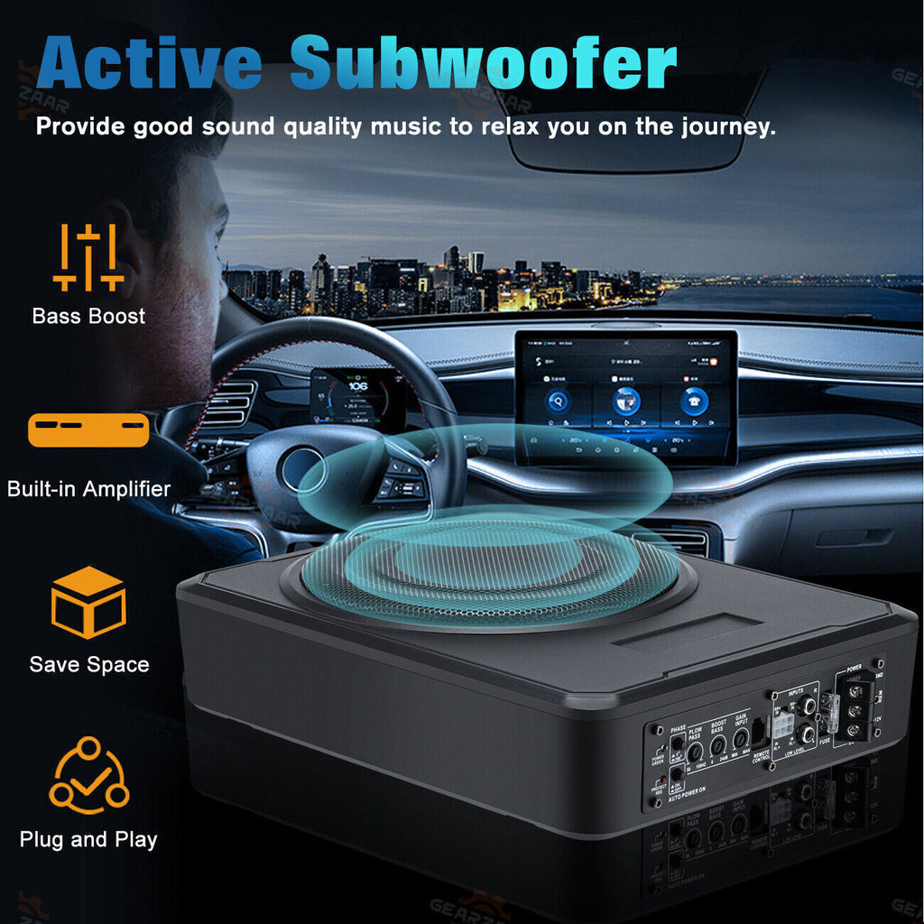 10''inch Car Under-Seat Active Subwoofer Power Amplifier Bass Slim Speaker Black