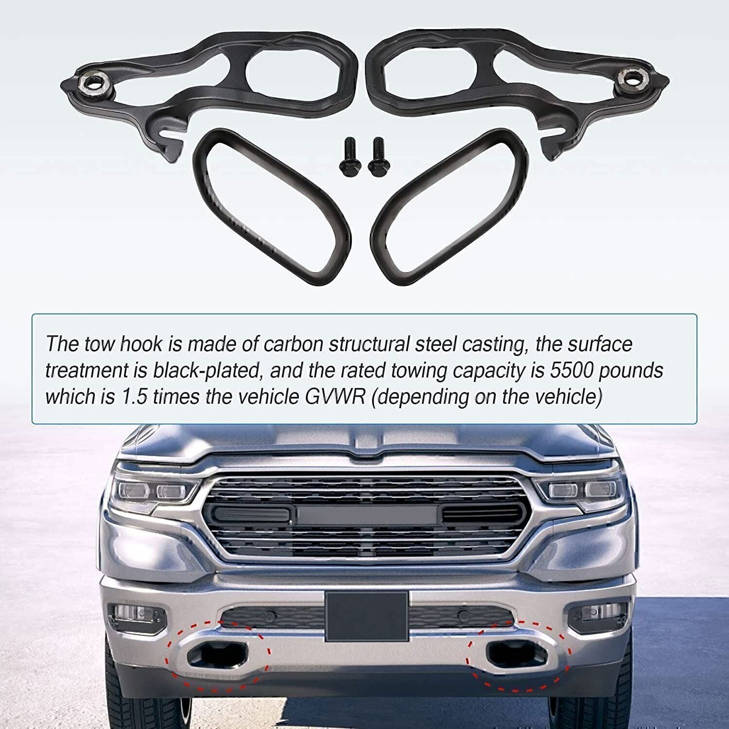 For 2019-2023 Dodge Ram 1500 DT Front Black Tow Hooks Left +Right w/Hardware Kit