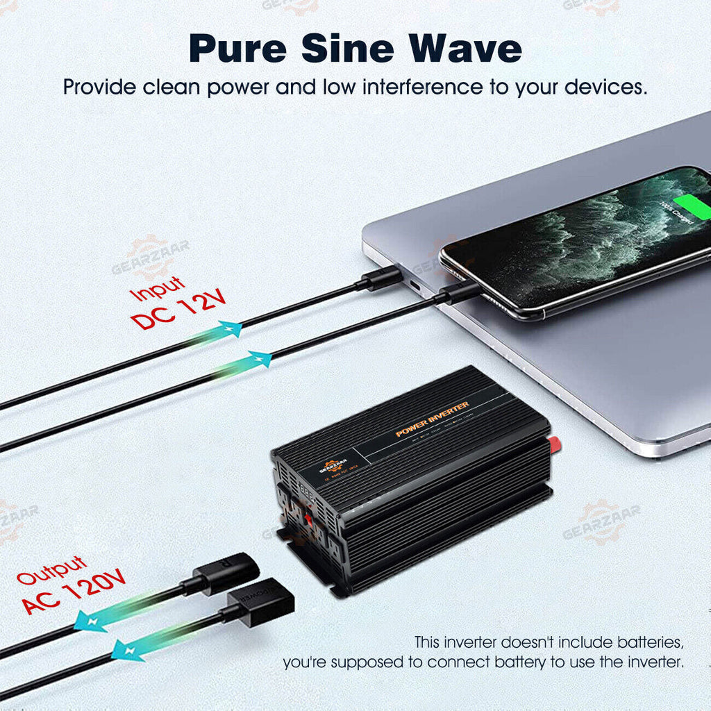 Power Inverter 2000W 4000W 12V DC to 110V 120V AC LCD Cable Car Boat RV D Auto