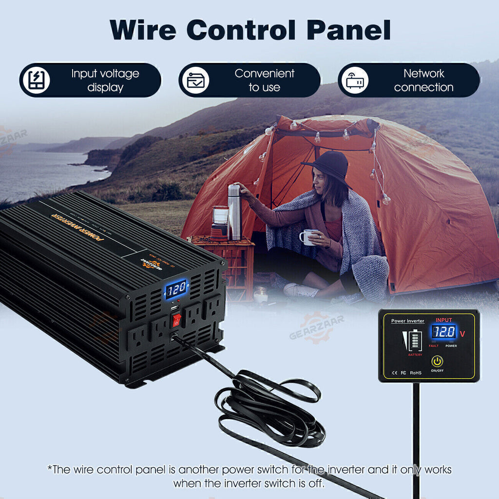 Power Inverter 2000W 4000W 12V DC to 110V 120V AC LCD Cable Car Boat RV D Auto