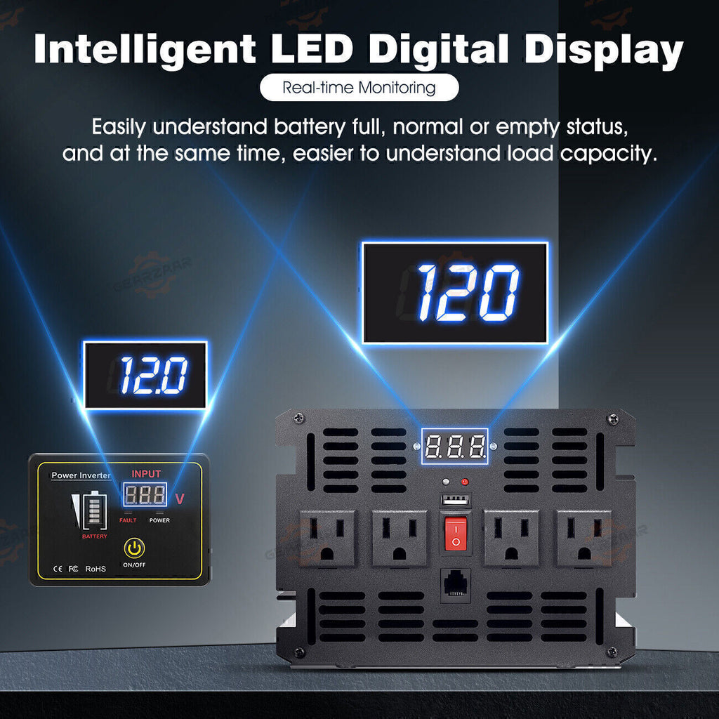 Power Inverter 2000W 4000W 12V DC to 110V 120V AC LCD Cable Car Boat RV D Auto