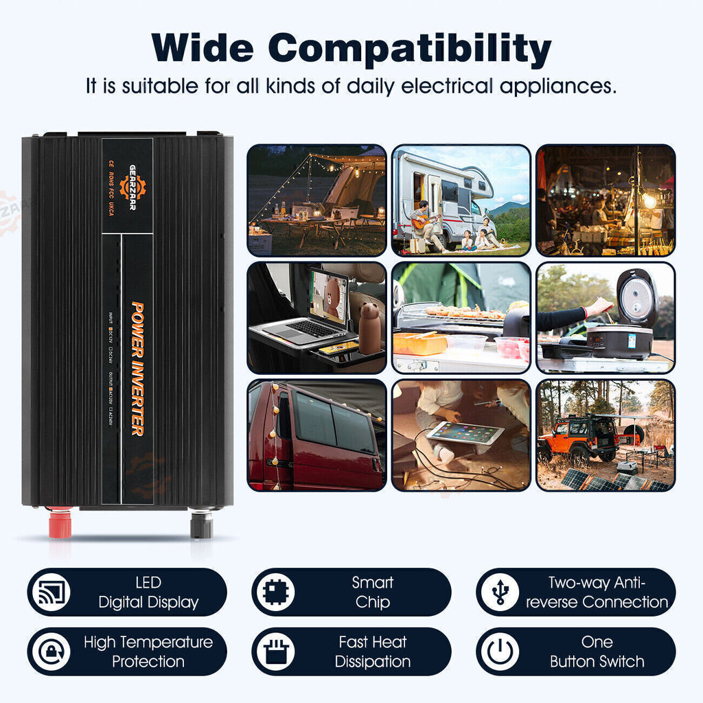 Power Inverter 2000W 4000W 12V DC to 110V 120V AC LCD Cable Car Boat RV D Auto
