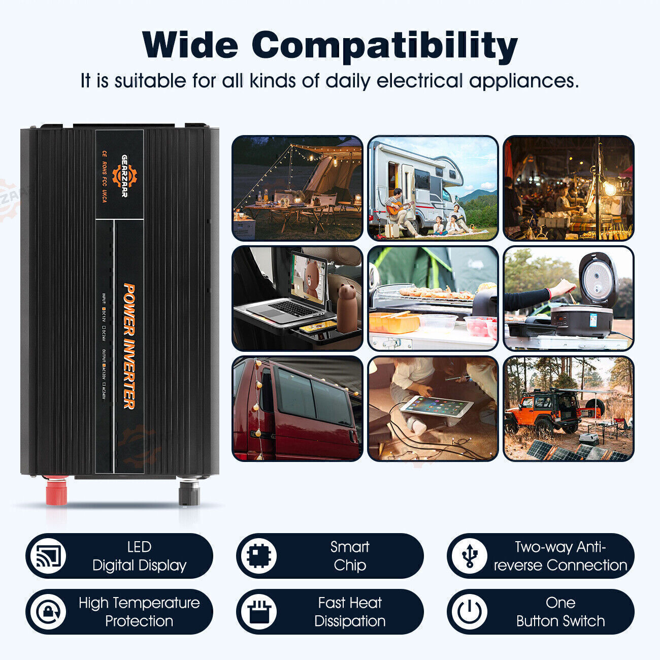 Power Inverter 2000W 4000W 12V DC to 110V 120V AC LCD Cable Car Boat RV D Auto