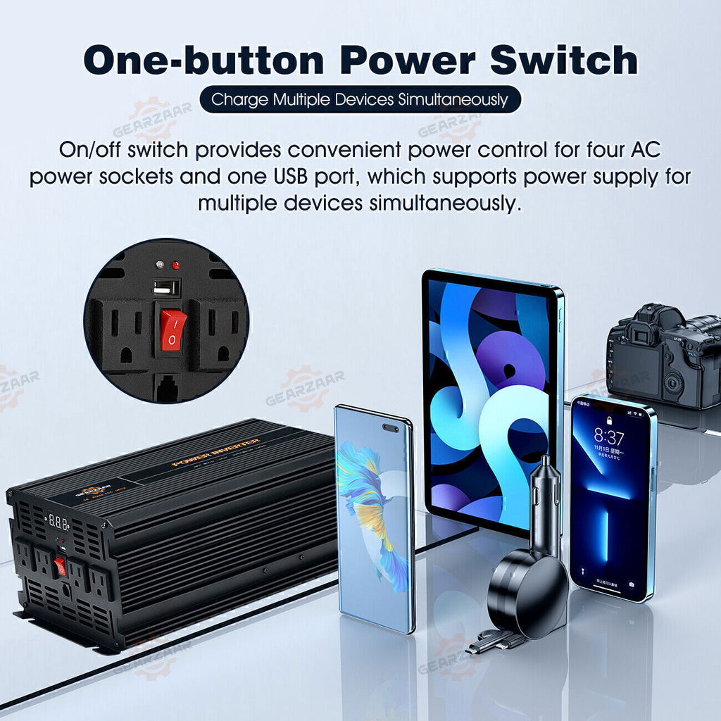 Power Inverter 2000W 4000W 12V DC to 110V 120V AC LCD Cable Car Boat RV D Auto