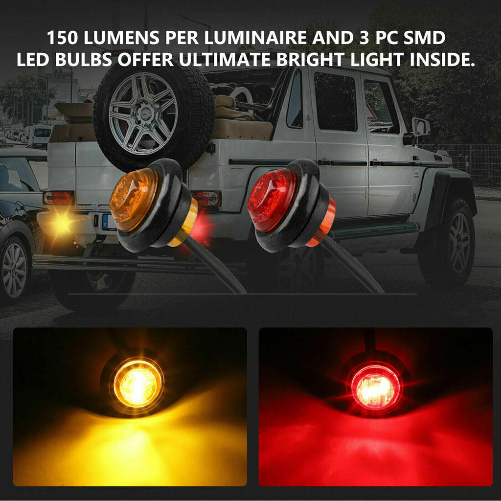 20x 3/4" Marker Lights LED Truck Trailer Round Side Bullet Light Amber &Red Lamp