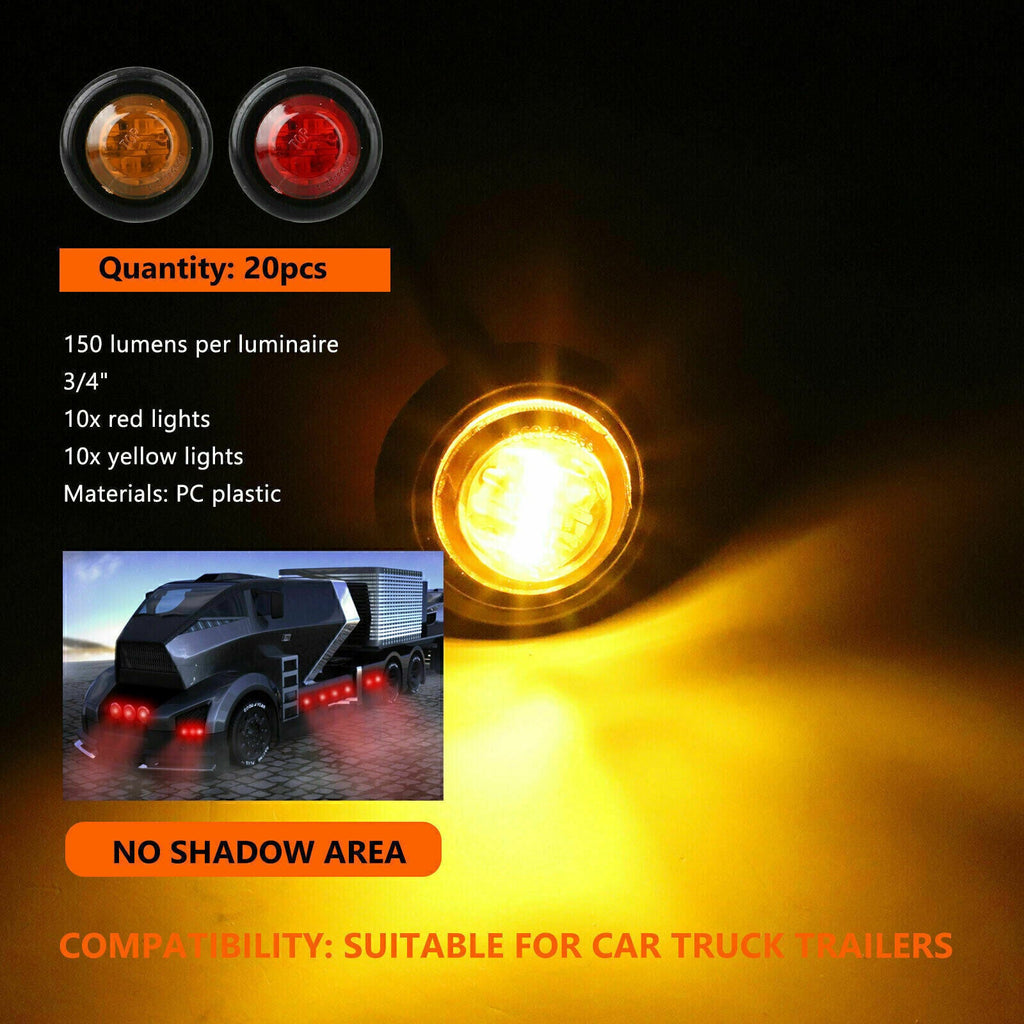 20x 3/4" Marker Lights LED Truck Trailer Round Side Bullet Light Amber &Red Lamp