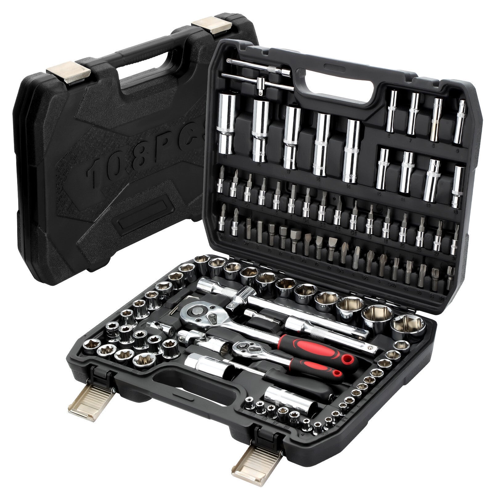 108Pcs Mechanics Tools - Kit 6-Point Socket Ratchet Wrench Set Repair Tool Case