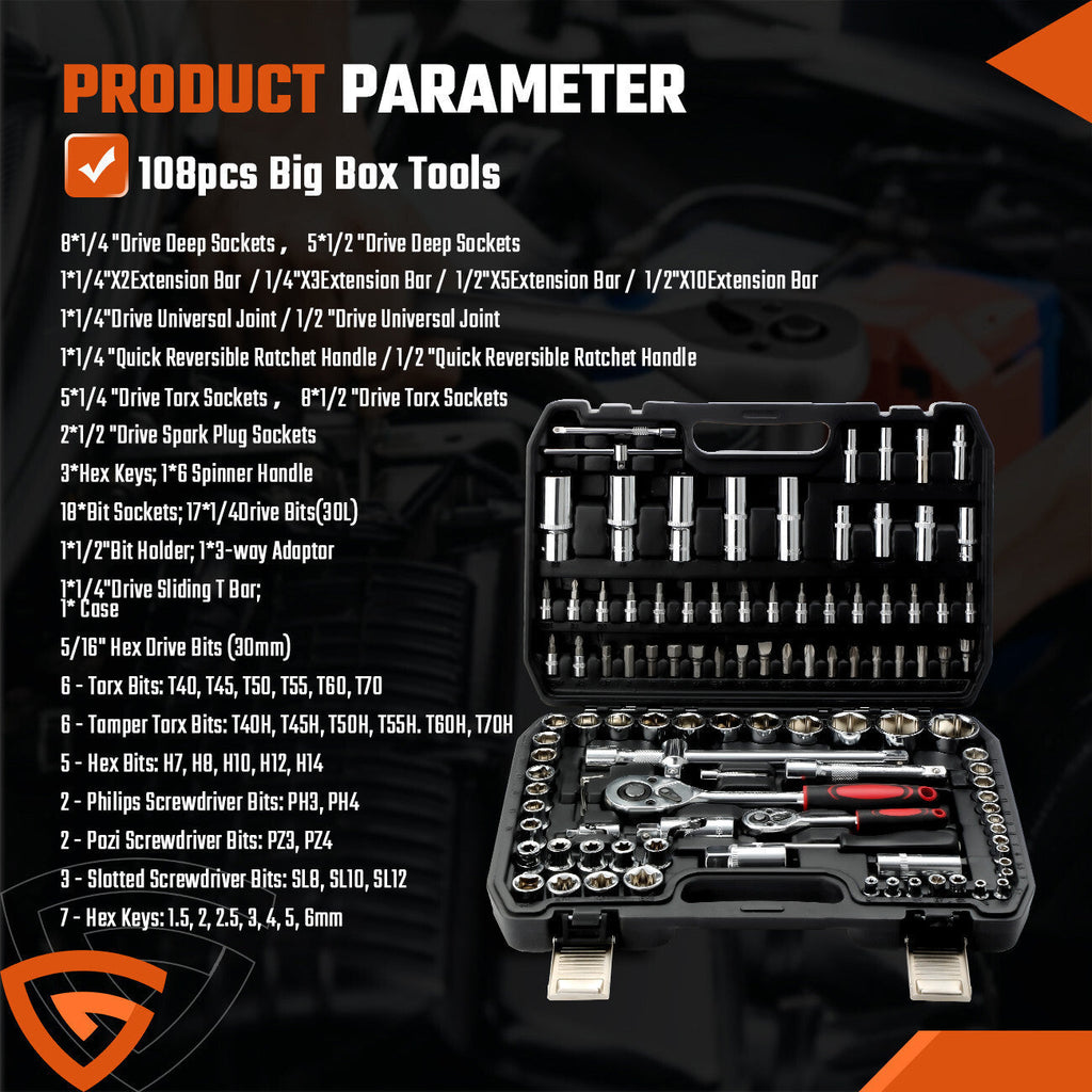 108Pcs Mechanics Tools - Kit 6-Point Socket Ratchet Wrench Set Repair Tool Case