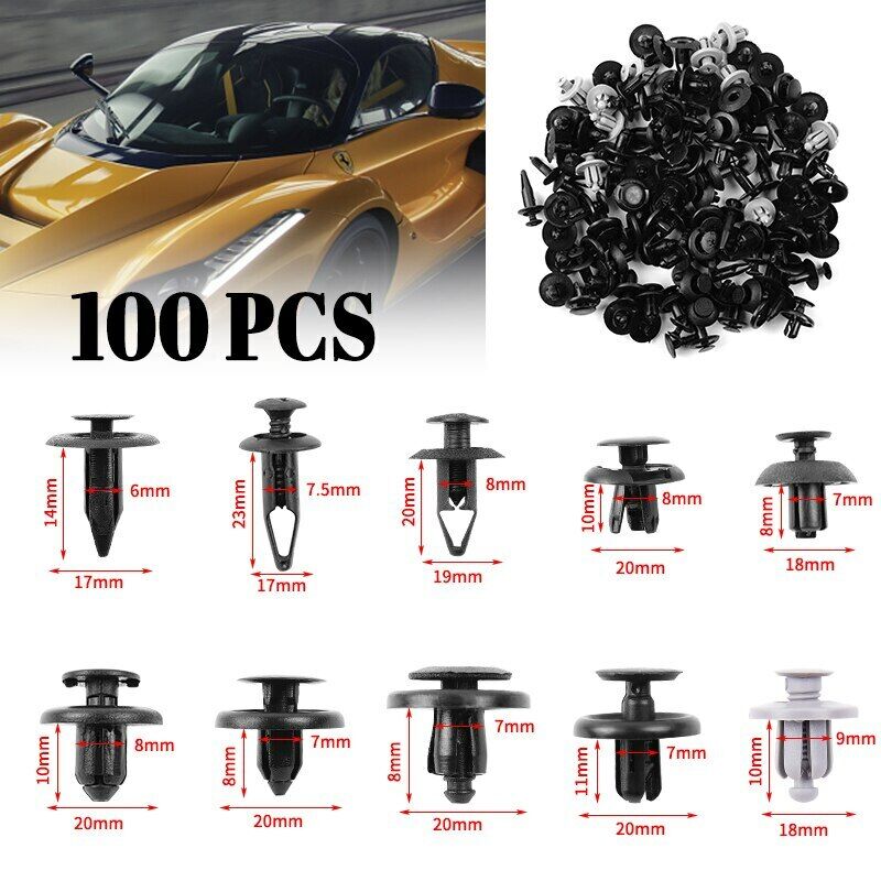 100x Trunk Screw Rivets Car Bumper Fender for Auto Plastic Fastener Clips-Set